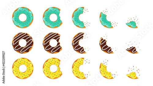 Donut dessert. Doughnut bite. Sweet cake. Pink and chocolate donut. Icon of cartoon food. Circle doughnut with glazed, cream and sprinkles. Set of half and bite of cake, biscuit for gourmet. Vector