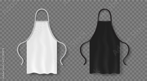 Apron mockup. Apron of uniform for kitchen and cooking. White and black uniform for chef and waiter. Realistic clothes mockup for work in restaurant, cafe. Cotton template for cook or barman. Vector