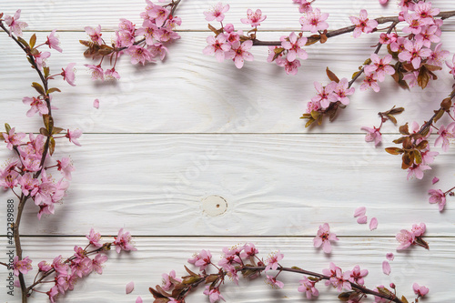 Spring and summer cherry pink blossom on a wood background.