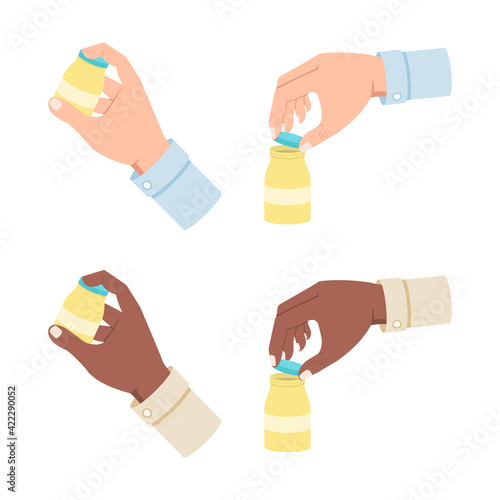White and black hands holding a yellow bottle vector illustration isolated on white background