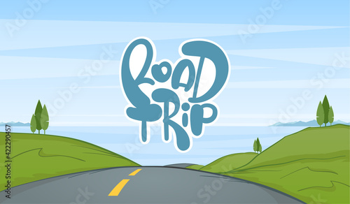 Vector Cartoon Summer road landscape with hand drawn lettering composition of Road Trip.