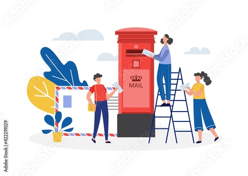 Tiny people put letters into huge mail box, flat vector illustration isolated.