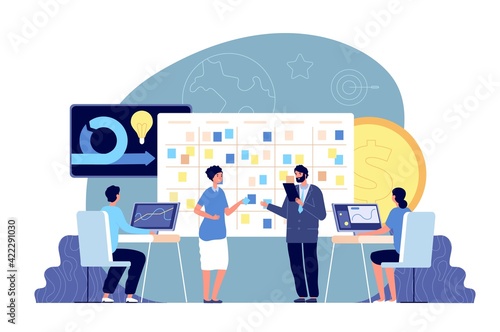 Agile development project. Business management, brainstorm and task board. Company scrum working methodology, office team utter vector concept