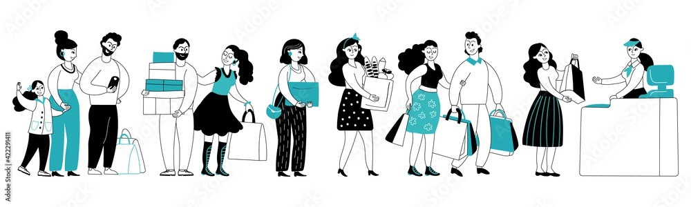 People store queue. Customer shopping, market grocery cashier. Man shops in supermarket, food service worker and crowd decent vector concept