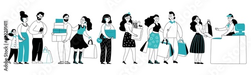 People store queue. Customer shopping, market grocery cashier. Man shops in supermarket, food service worker and crowd decent vector concept © MicroOne