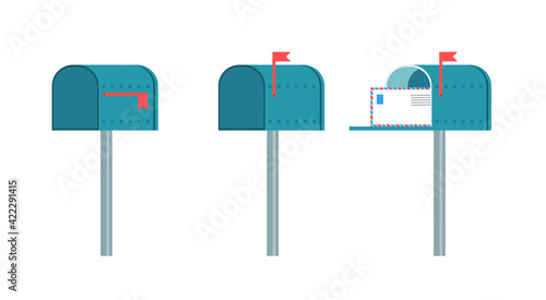Set of three vintage mail boxes on the pole, flat vector illustration isolated.