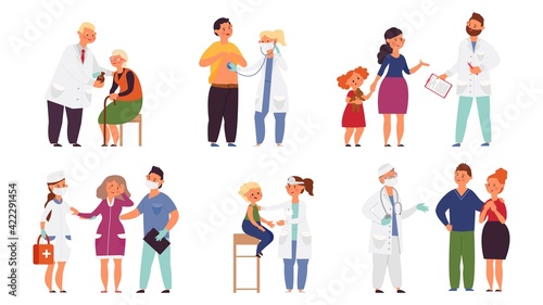 Doctor visiting. Cartoon doctors, woman examining in hospital. Patient talking with nurse, decent medicine for family and elderly people vector set