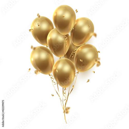 Bouquet, bunch of realistic golden  ballons and ribbons, serpentine, gold confetti. Vector illustration for card, party, design, flyer, poster, decor, banner, web, advertising. 