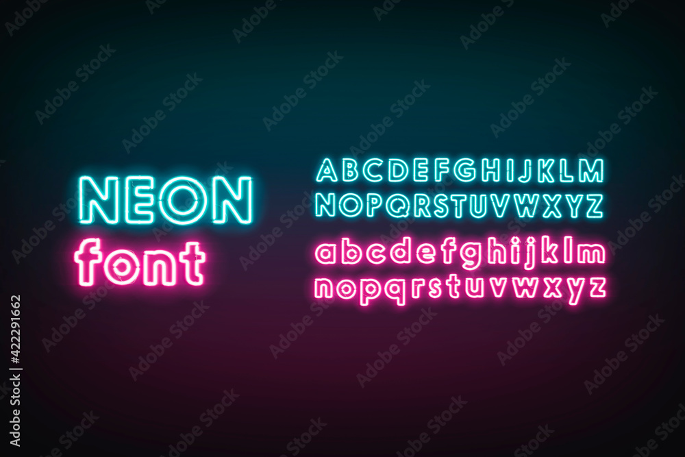 Obraz premium Turquoise and pink neon capital and lower letters, glowing font