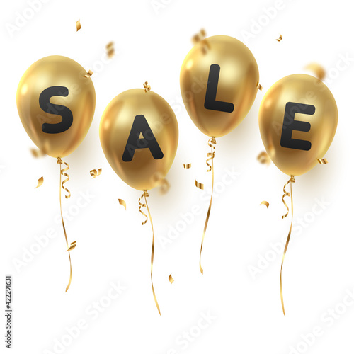 Poster for Sale with gold ballons and black text, letters with golden serpentine, confetti isolated on white background. Vector Holiday illustration for decor, design, arts, advertising.