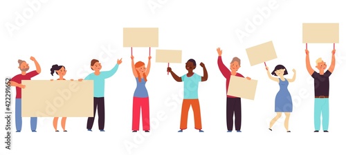 Demonstration. People hold banners, worker with blank placard. Protest crowd, meeting for peace or rights. Eco activists decent vector characters