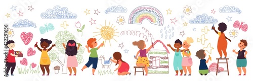 Kids painting on wall. Cute preschool girl, children with crayons draw picture. Drawing characters, school imagination activities decent vector set