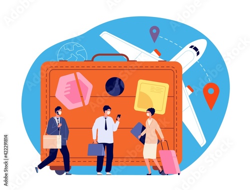 People with suitcase. Person miniatures, holiday travel new style. Pandemic tourism, happy woman with suitcases. Utter adventure vector concept