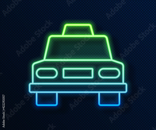 Glowing neon line Taxi car icon isolated on blue background. Vector