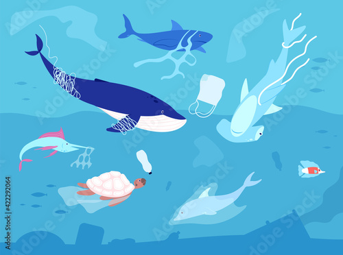Ocean plastic pollution. Sea plastics, animal wildlife and water polluted. Marine animals with waste, ecology catastrophe utter vector concept