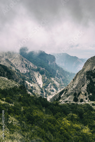 cloudy day with fog in the mountains of the natural park of the ports, in tarragona (spain)