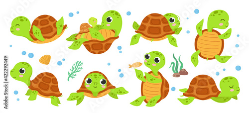 Turtle characters. Cartoon tortoise, smile turtles running. Isolated cute animal walking, flat green comic funny wildlife exact vector collection
