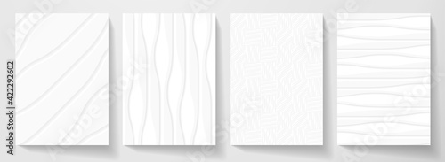 Modern white cover design set. Abstract wavy line pattern (curve) in monochrome. Creative stripe vector collection for business background page, certificate, brochure template, booklet, vertical flyer