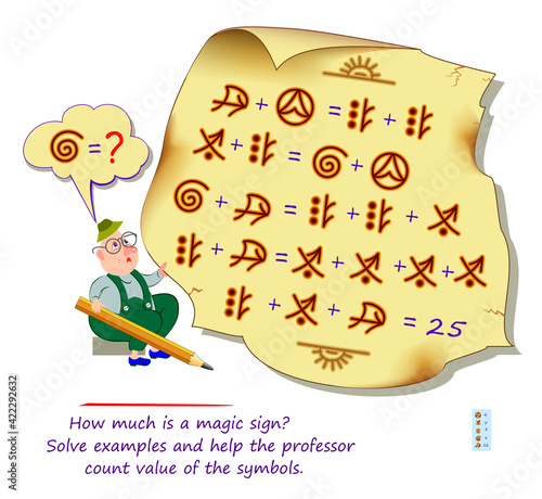 Mathematical logic puzzle game for smartest. How much is a magic sign? Solve examples and help the professor count value of the symbols. Brain teaser book. Memory training exercises for seniors.