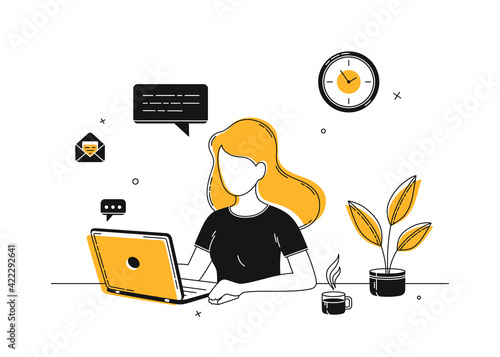 Illustration of a Young Woman Working on Laptop from Home. Home Office Concept, Online Communication. Manager. Girl works from home and drinks hot coffee. Freelance. Flat cartoon vector illustration.