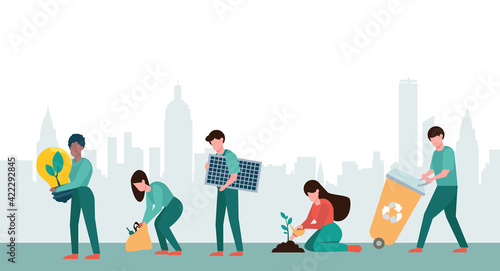 Vector of a group of people planting trees, collecting and recycling waste, using renewable energy sources