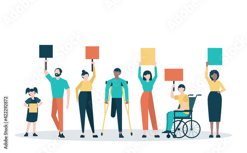 Vector of a group of diverse people holding placards, protesting, defending their human rights
