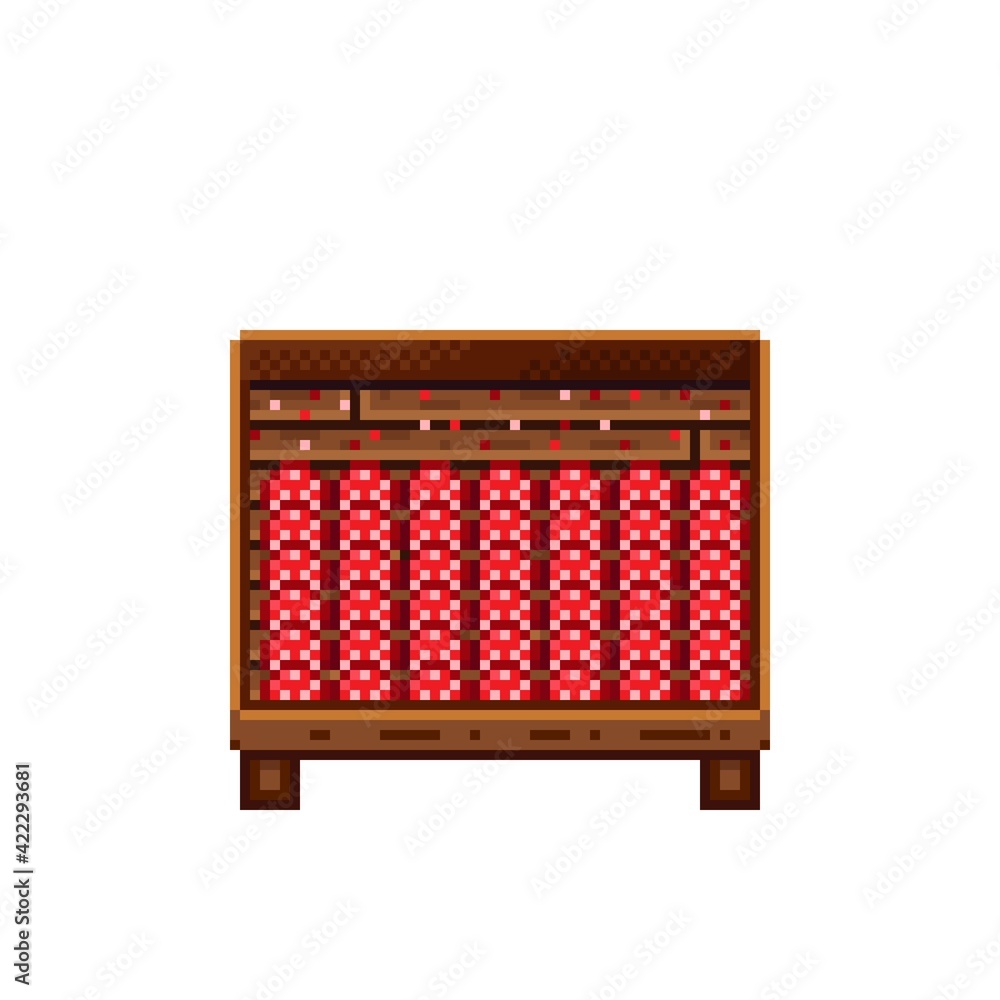 Vegetable shop pixel art. Mushrooms in a wooden crate. Mushrooms, food pixel art icon isolated on white background. Mushroom stall. Showcase with vegetable waste. Vector illustration. Vegetable shop pixel art. Mushrooms in a wooden crate. Mushrooms, food pixel art icon isolated on white background. Mushroom stall. Showcase with vegetable waste. Vector illustration.