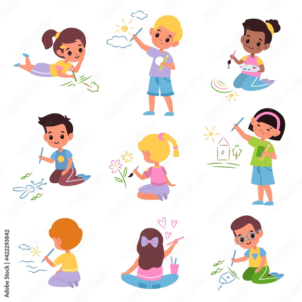 Kids draw. Little children with colored pencils, young artists with brushes and paints, boys and girls paint everything around. School and kindergarten art class, vector cartoon isolated set Kids draw. Little children with colored pencils, young artists with brushes and paints, boys and girls paint everything around. School and kindergarten art class, vector cartoon isolated set