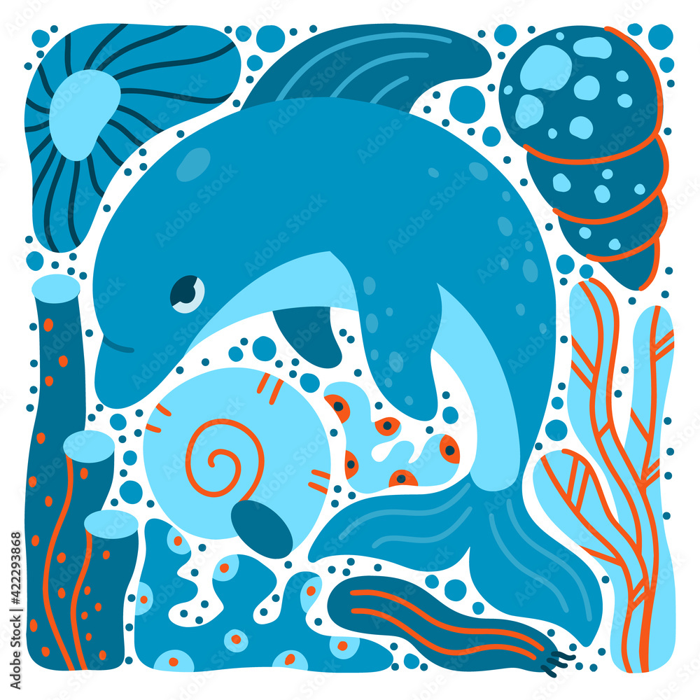 Dolphin hand drawn illustration. Square cartoon poster of blue ocean animal with sea plants, coral, shell. Childish t shirt print, cover design. Flat isolated vector. Color elements set