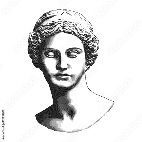 Sculpture of a woman head painted in the antique style