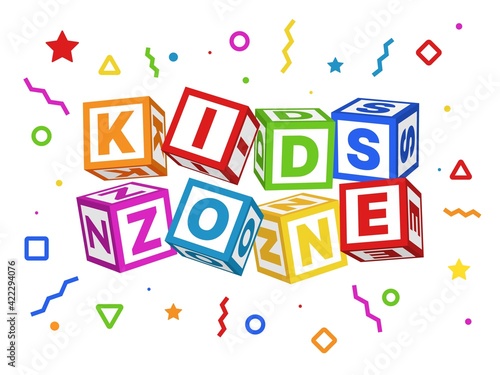 Kids zone blocks. Color geometric elements around title, children play room sign board with baby cubes font, colorful playing park or game area logo, educational toy emblem vector concept