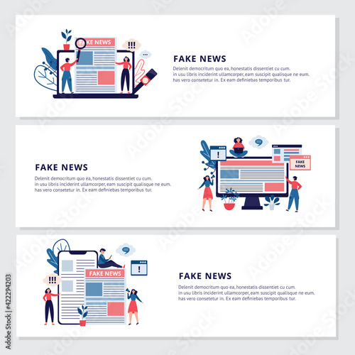 Banners with concept of online fake news, false information, hoax in social media