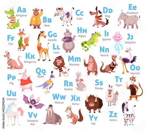 Cute animal alphabet. Color kids zoological font, letters and corresponding animals. Wildlife mammals and birds, woodland abc. Childish educational poster or cards vector cartoon set