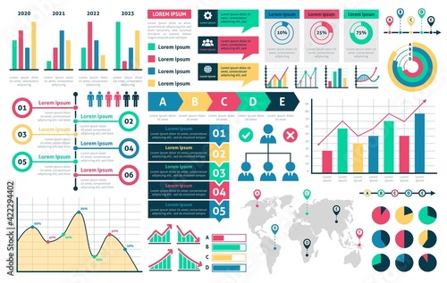 Charts and diagrams. Graphical colorful schemes infographic, rising and falling with percentages data financial analytic marketing infochart, presentation visualization vector set