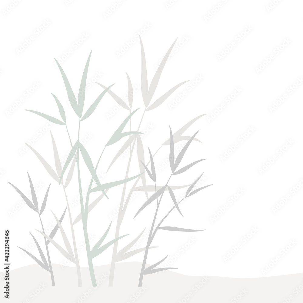 Design element with ornamental organic floral pattern of gray, green and biege pastel bamboo leaves and sprouts, branches in Japanese style isolated white background. Vector eps 10 template