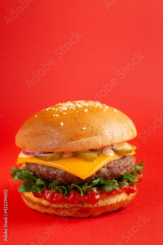 Delicious burger with beef and cheddar cheese on a red background. Tasty fresh unhealthy burgers with cheese and two patties. Fast food  unhealthy food concept.
