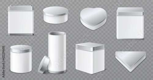 Metal boxes. Realistic tin jars, 3d white and aluminum caps containers, products blank packaging, tea, cookies and candy storage. Vector mockup set isolated on transparent background