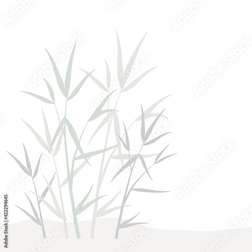 Design element with ornamental organic floral pattern of gray, green and biege pastel bamboo leaves and sprouts, branches in Japanese style isolated white background. Vector eps 10 template © Kristyna