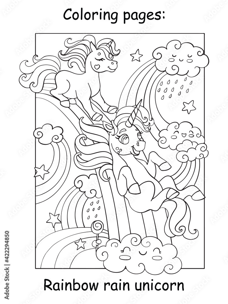 Fototapeta premium Coloring book page funny unicorns ride the rainbow