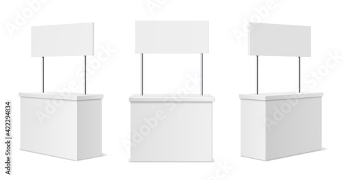 Advertising stands. Realistic blank modern simple rack or counters multiple camera angles, 3d promotional desk with sign top, clean empty promo tables with signboard white mockup vector set