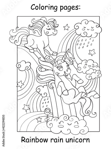 Coloring book page funny unicorns ride the rainbow