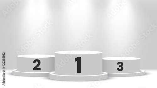 White round winners podium with spotlights. Blank pedestal. Vector illustration.