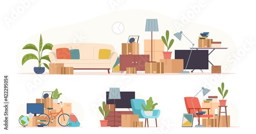 Cartoon boxes with things. Moving home stacks, stuff packaging, cardboard parcels and furniture, garage sale goods preparation, shipping service, storage and cargo transportation vector set © YummyBuum