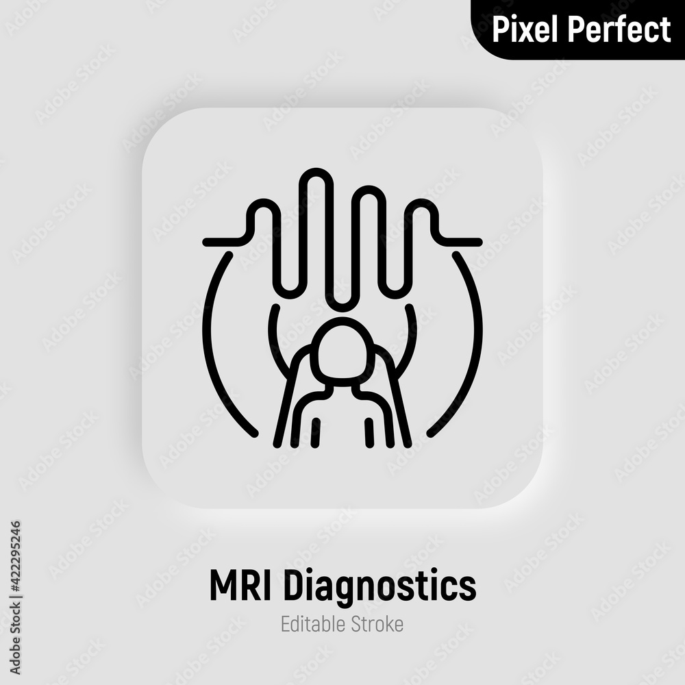 Human in MRI scanner thin line icon. Medical equipment for oncology detection. Pixel perfect, editable stroke. Vector illustration. Human in MRI scanner thin line icon. Medical equipment for oncology detection. Pixel perfect, editable stroke. Vector illustration.