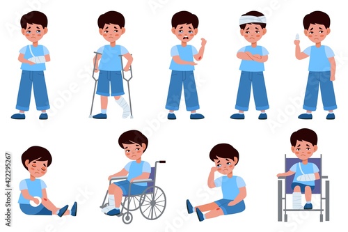 Childhood injuries types. Traumatized child, crying boy, special needs kid in wheelchair, broken body parts with bandage, scratching and fractures. Medical treatment vector cartoon set
