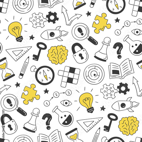 Puzzle and riddles. Hand drawn seamless pattern with crossword puzzle, maze, brain, chess piece, light bulb, labyrinth, gear, lock and key. Vector illustration in doodle style on white background
