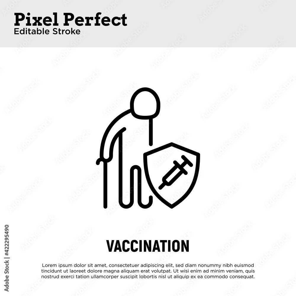 Coronavirus vaccination. Virus protection: elderly man is protected by shield with vaccine. Immune system, antibiotics. Thin line icon. Pixel perfect, editable stroke. Vector illustration. Coronavirus vaccination. Virus protection: elderly man is protected by shield with vaccine. Immune system, antibiotics. Thin line icon. Pixel perfect, editable stroke. Vector illustration.