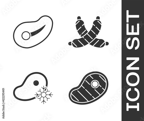 Set Steak meat, Steak meat, Fresh frozen steak meat and Crossed sausage icon. Vector