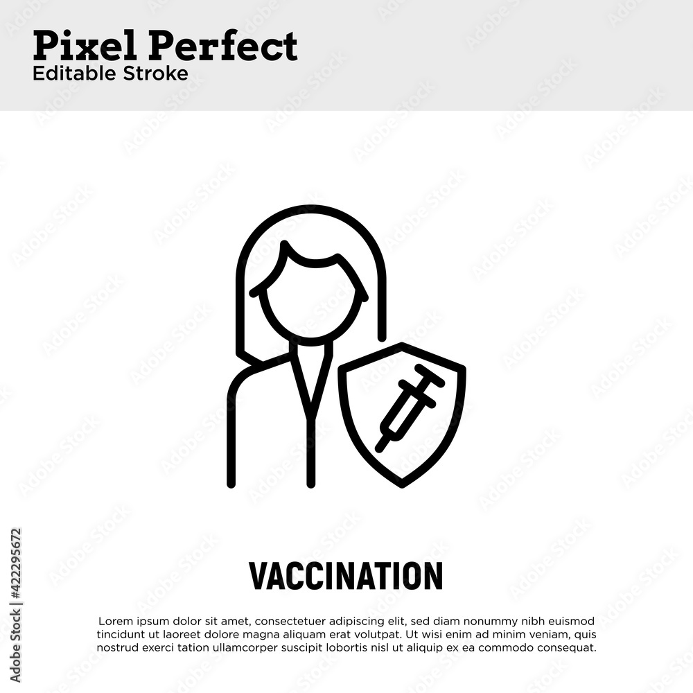 Coronavirus vaccination. Virus protection: woman is protected by shield with vaccine. Immune system. Thin line icon. Pixel perfect, editable stroke. Vector illustration. Coronavirus vaccination. Virus protection: woman is protected by shield with vaccine. Immune system. Thin line icon. Pixel perfect, editable stroke. Vector illustration.