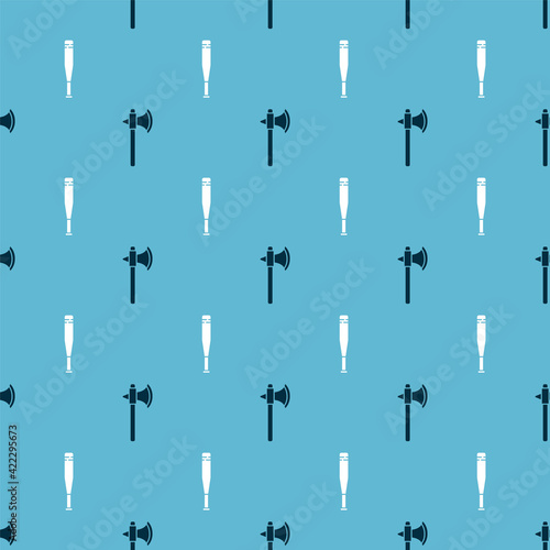 Set Medieval axe and Baseball bat on seamless pattern. Vector